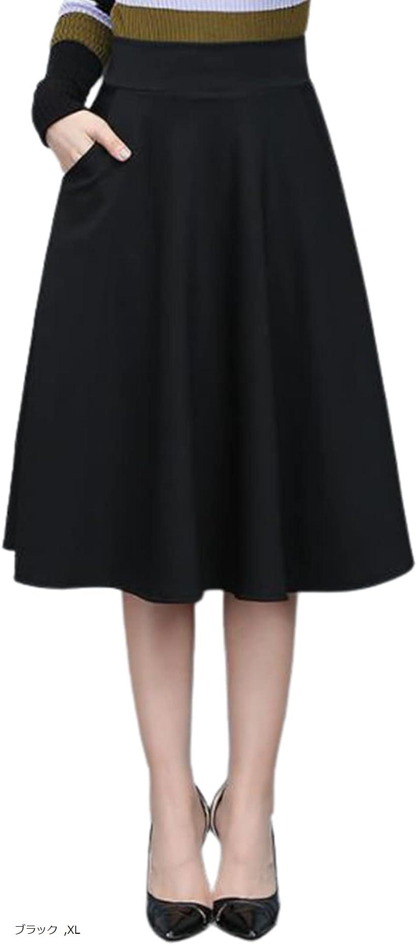 スカート 膝丈 フレア aライン ひざ丈 レディース 黒 03 - レッド M L ブラック XL