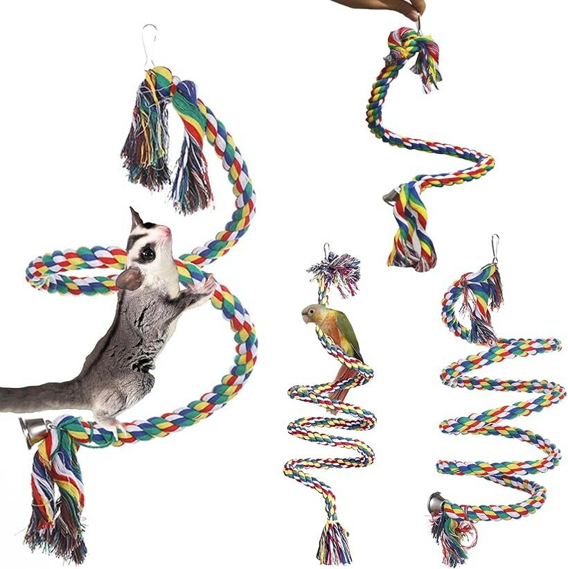 モモンガ おもちゃ フクロモモンガ レインボースプリング 虹色 インコ 鳥 小動物 遊び場 ロープ カラフル 200cm (レインボー, 200cm)