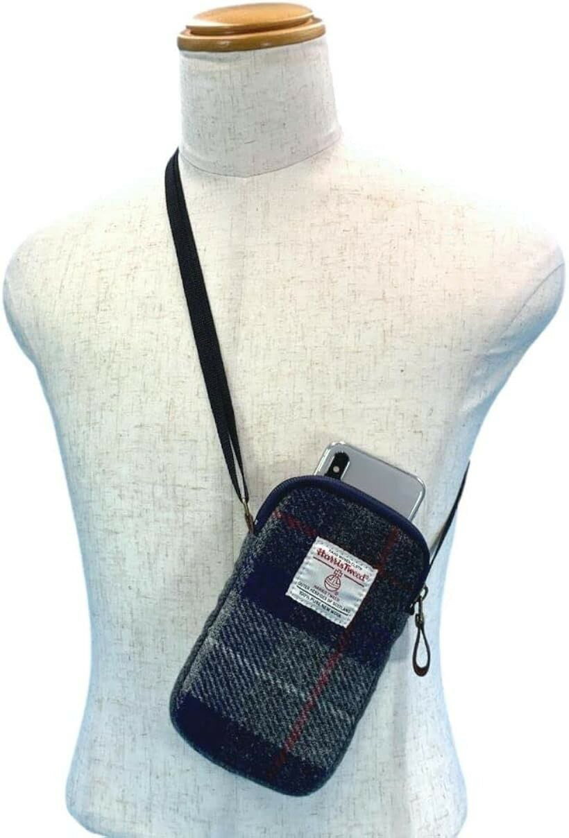 ハリスツイードを使用した再生ウールとのコンビ スマホショルダーバッグ グレー