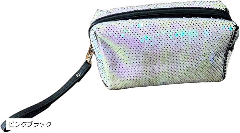 Satty’s selectキラキラシャイニースパンコール スクエア ラウンドファスナーポーチ 20cm ピンクブラック