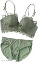 ノンワイヤーブラ ショーツ セット ブラジャー 盛れる 脇高 レディース 下着 インナー 上下セット 大人可愛い セクシー ランジェリー 小胸 谷間 おしゃれ レース XL グリーン M(34/75AB)