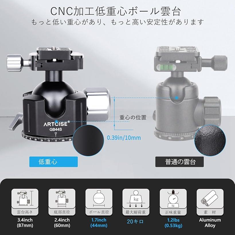 互換品 44mm 低重心 ハンドル ボール雲台 CNC精密加工 アルミ ビデオ三脚ヘッド 36...