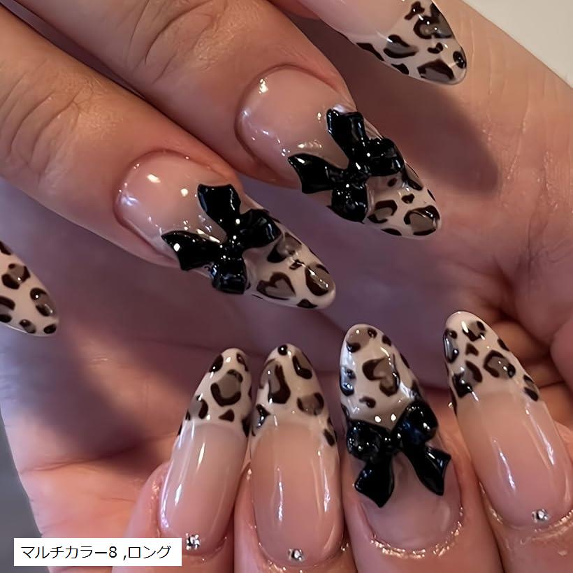 ネイルチップ ヒョウ柄 ギャル 付け爪 可愛い キラキラ 3d 韓国 グッズ マルチカラー8 ロング