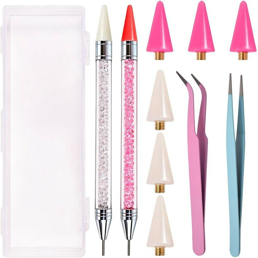 10点セット ラビットストーンツール 2WAYデザイン ダイヤモンドペン 交換用ワックスチップ6個付属 ストレートピンセット・湾曲ピンセット 収納ケース付き