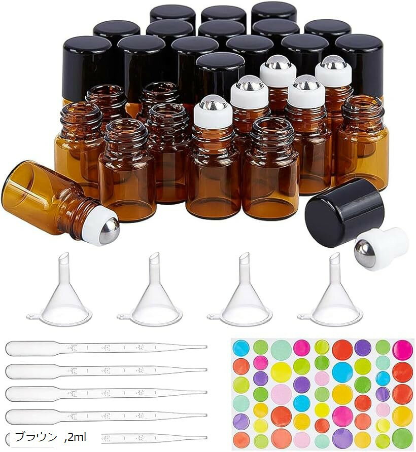30個 ロールオンボトル ガラス製 黒いブラスチック蓋 遮光 香水 精油 リップグロス ドロッパー漏斗栓抜きラベルステッカー付き ミニボトル 化粧水 小分けボトル 詰め替え容器 ブラウン 2ml