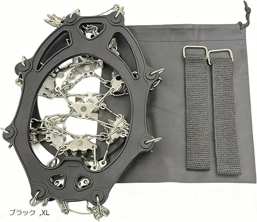 アイゼン 登山 24本爪 軽量 チェーンスパイク 3秒着脱 凍結道路 滑り止め 雪山 ハイキング 穴釣り 磯釣り 沢登り 転倒防止 収納袋付き 男女兼用 オレンジ色 M L ブラック XL