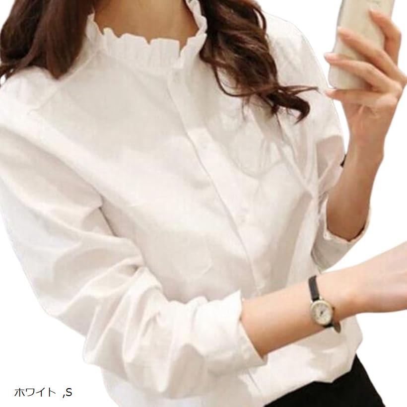 フリルブラウス フリルネック 首元 襟元 シャツ レディース 長袖 フェミニン エレガント 清楚 シンプル 無地 通勤 通学 オフィス OL M 2XL L XL ホワイト S