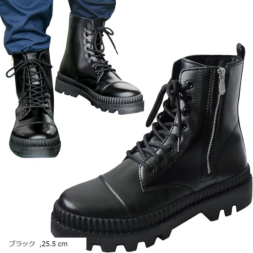 シークレットブーツ ワークブーツ ショートブーツ メンズ 6cm ハイカット 厚底 サイドジッパー 脚長効果 身長UP 身長アップ 25.5 26.5 cm 26.0 cm 27.0 ブラック 25.5 cm