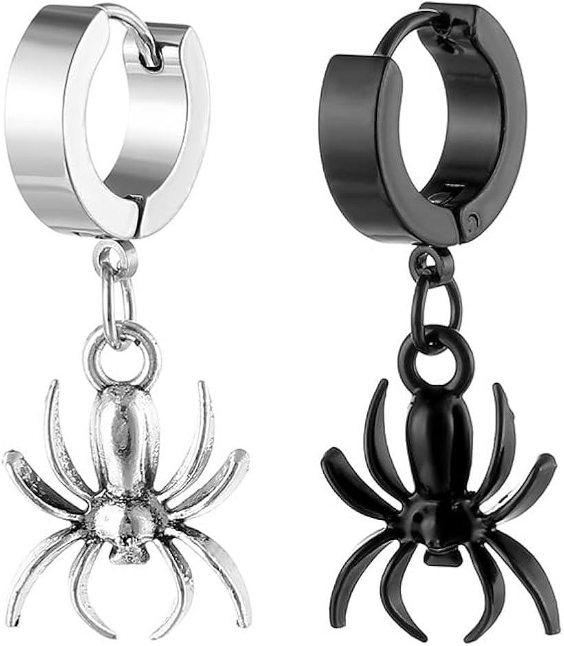 ピアス 蜘蛛 スパイダー ブラック＆シルバー 2つ入り メンズ かっこいい ステンレス リング フープ