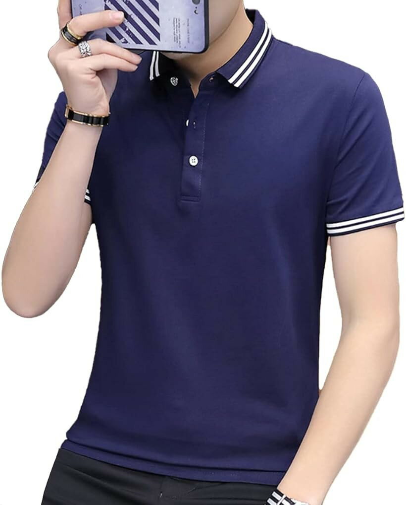 樂天商城 - ポロシャツ メンズ 半袖 夏 polo shirt 半袖シャツ カジュアル 夏服 大人 tシャツメンズ トップス すっきり カットソー シルエット ボタンダウンシャツ 紳士 ドライシャツ スポーツ お洒落 (ネイビー/2ライン, L)