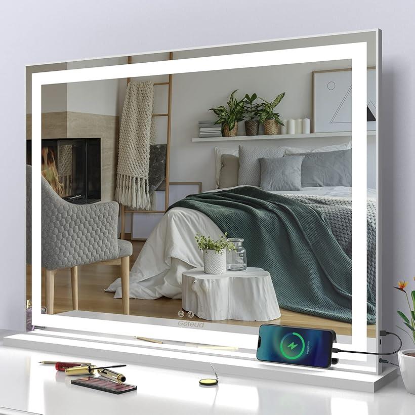 【全品P5倍★お買い物マラソン】女優ミラー 化粧鏡 卓上ミラー USB充電ポート付き 3つの色温度 調整可能な明るさ 76x56cm