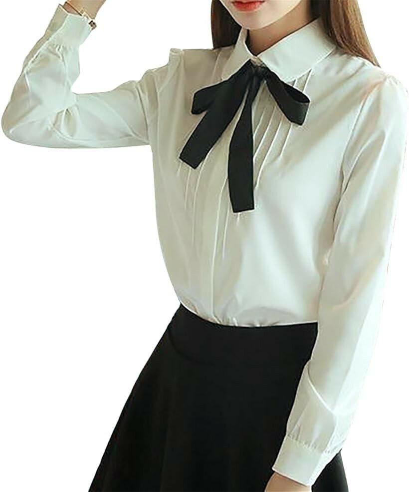 Rakuten - momo's market ブラウス 長袖 シフォン レディース ボウタイ リボン ホワイト (ホワイト, S)