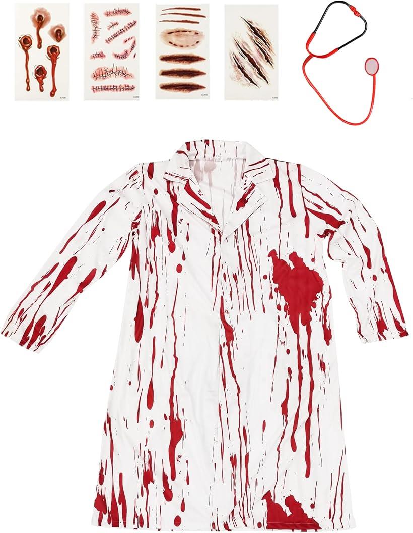 ゾンビドクター 医者 血まみれ ハロウィン コスチューム 制服 ＋ 聴診器 傷シール 3点セット メンズ フリーサイズ S744
