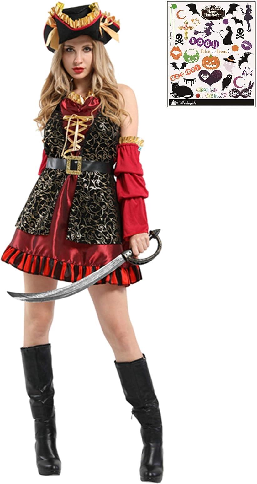 女海賊 パイレーツ ガール ドレス フリル コスプレ コスチューム ハロウィン タトゥーシール付き 2点セット レディース S736