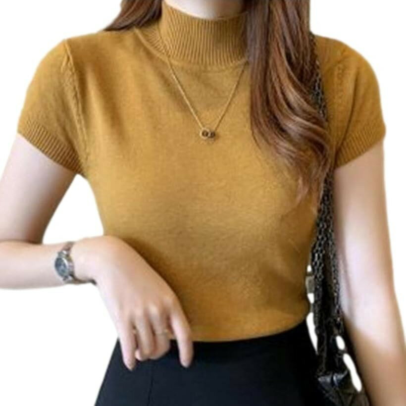 樂天商城 - カットソー 半袖 フェミニン ハイネック インナー ニットソー カラフル 薄手 ストレッチ おしゃれ きれいめ シルエット スリム かわいい レディース TSHT022 イエロー (イエロー, Free Size)