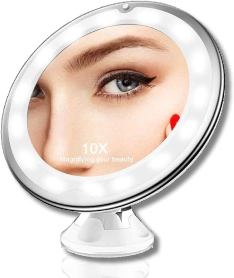 LED化粧鏡 10倍拡大 車窓/鏡面/卓上/壁掛け 吸盤ロック式 360度回転 防錆 別売単四電池使用 ホワイト