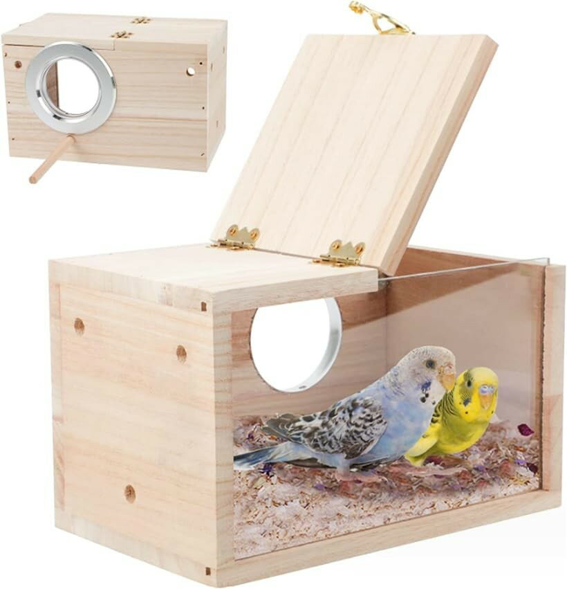 巣箱 インコ 鳥の巣 繁殖ボックス 繁殖箱 鳥かご 横式 天然木材 アクリル透明板 孵化 飼育 左タイプ 大サイズ (大サイズ)