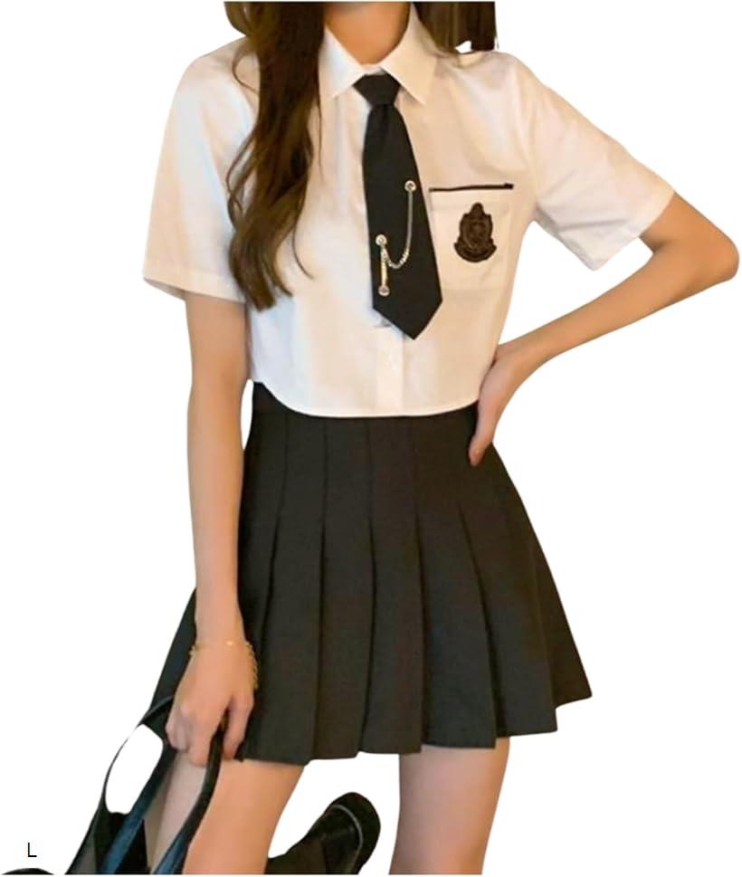 女子高生 制服 大きいサイズ コスプレ 無地 黒 JK制服 半袖 プリーツスカート ネクタイ 3点セット 風船2個セット L
