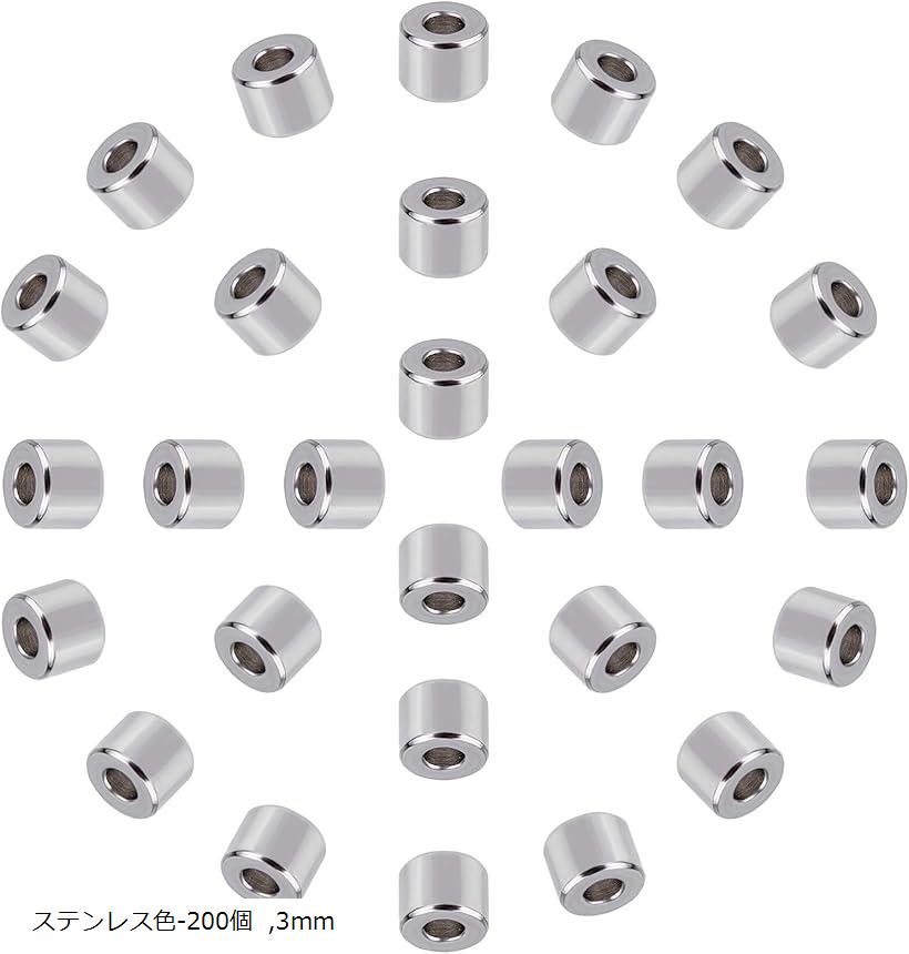 約200個 コラムビーズ 304ステンレス スペーサービーズ 円筒形 ロンデルビーズ 穴径1.5mm ステンレス色#2-200個 2mm ステンレス色-200個 3mm