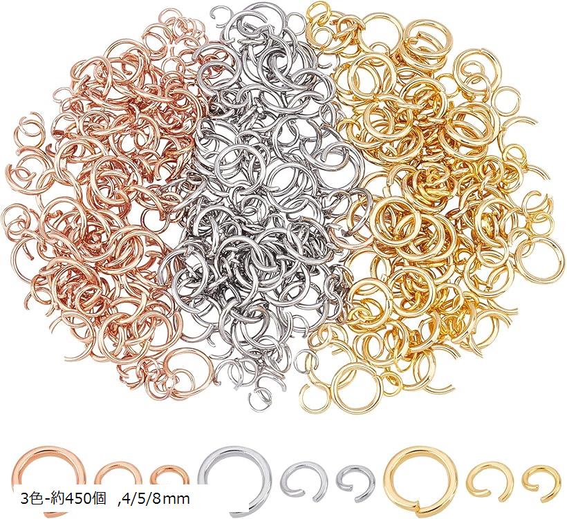 約450個 3色 3種サイズ 丸カン ステンレス 丸環 ステンレス製金具キット 未溶接 ジャンプリング 留め金 金具セット 基礎パーツ 接続パーツセット ピンクゴールド 3色-約450個 4/5/8mm