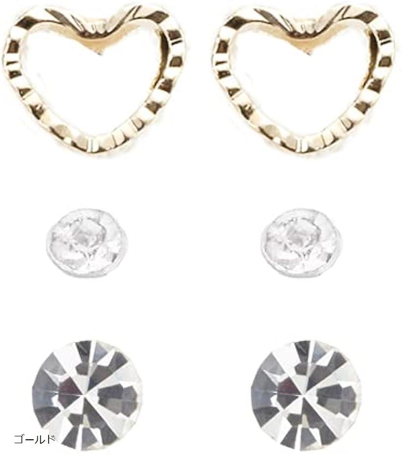 ピアス レディース セット 樹脂ポスト 6個セット オープンハート フレーム ラインストーン シンプル 日本製 シルバー ピンク ゴールド