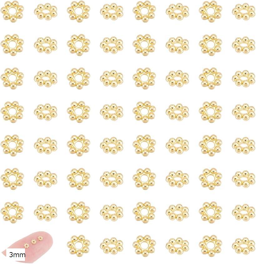 80個 フラワービーズ3mm ゴールド スペーサービーズ 菊座 花座 ステンレスビーズ メタルビーズ 金属ビーズ 光沢ビーズ ビーズチャーム ブレスレットネックレス用 アクセサリーパーツ ジュエリー作り クラフト用品 DIY 3mm(3.0)