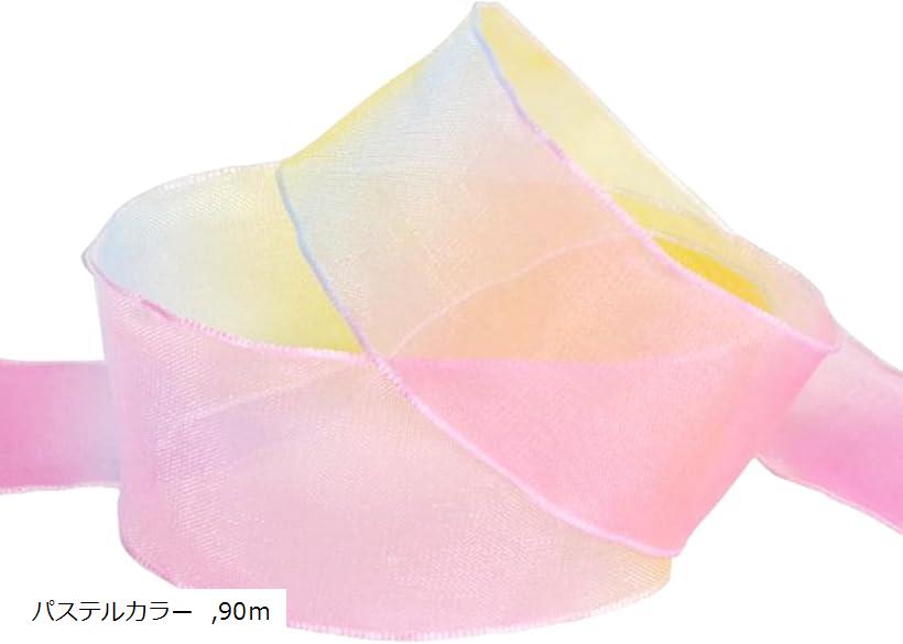 レインボー オーガンジー リボン 虹 テープ ギフト ラッピング 手芸 光沢 透ける パステルカラー 90m