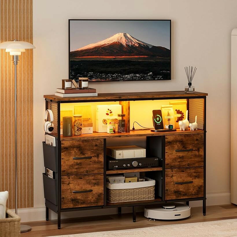 チェスト収納 タンス 棚付き 箪笥リビング収納チェスト LEDライト付き テレビボード おしゃれ 収納ケース 引き出し 大容量 USBポート付き洋服タンス 布製 玄関キャビネット (ビンテージ, 幅110 cm)