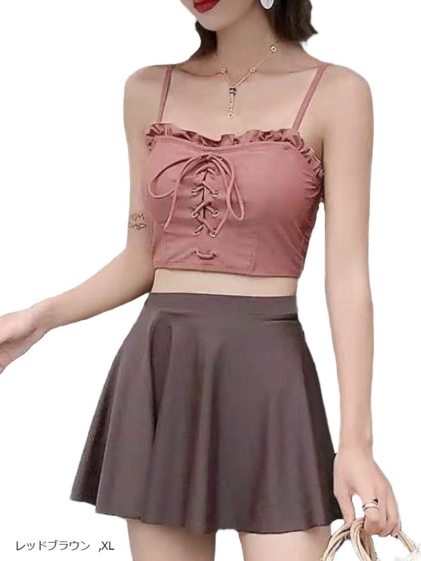 水着 レディース ビキニ タンキニ セパレーツ 体型カバー ビスチェ風 ハイネック スカート ショートパンツ インナーショーツ付き 赤茶 ベージュ L M レッドブラウン XL