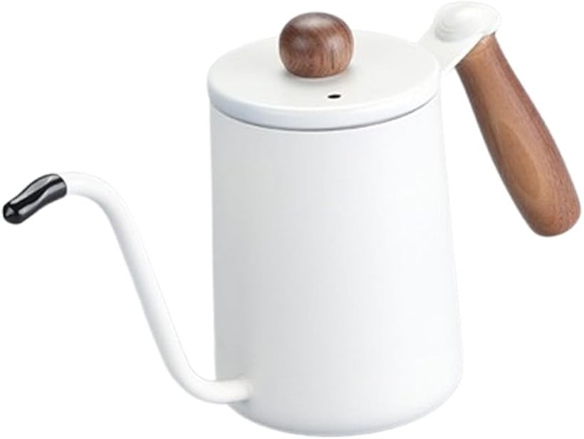 Coffee Kettles - コーヒーケトル ドリップポット 細口ドリップケトル 直火 蓋付き 小型 シンプル クルミ材 目盛線内蔵 ステンレス製 (ホワイト, 0.4 L)