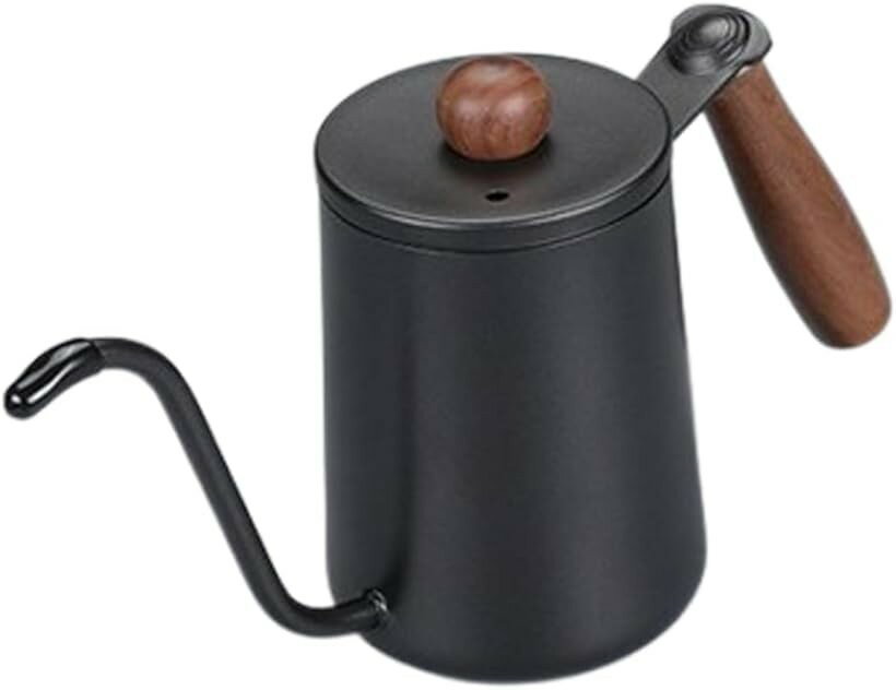 Other - コーヒーケトル ドリップポット 細口ドリップケトル 直火 蓋付き 小型 シンプル クルミ材 目盛線内蔵 ステンレス製 (ブラック, 0.6 L)