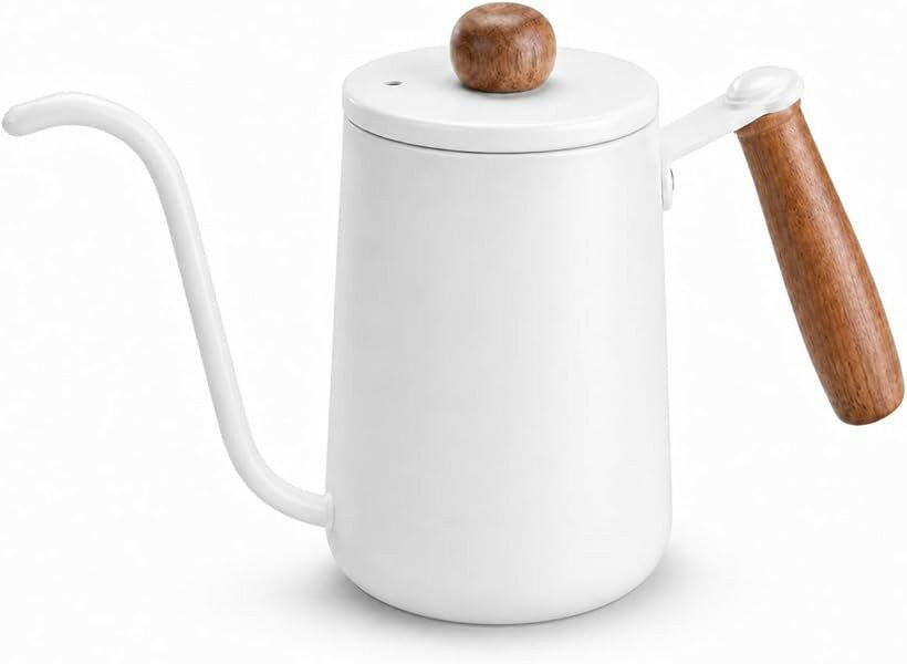 Coffee Kettles - コーヒーケトル ドリップポット 細口ドリップケトル 直火 蓋付き 小型 シンプル クルミ材 目盛線内蔵 ステンレス製 (ホワイト, 0.6 L)