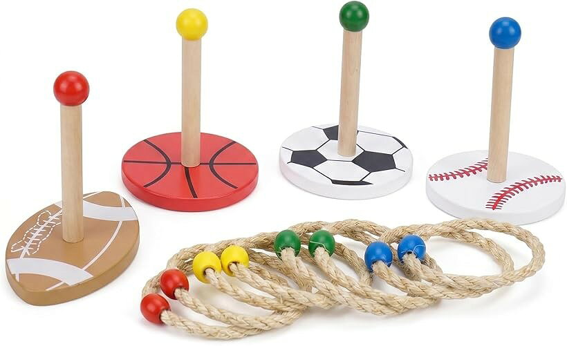 輪投げ ゲームセット 木製 麻縄リング 親子遊び 屋外 室内 知育玩具 6歳以上