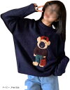 ニット レディース 長袖 ゆったり くま かわいい トレーナー トップス 部屋着 クルーネック ネイビー Free Size