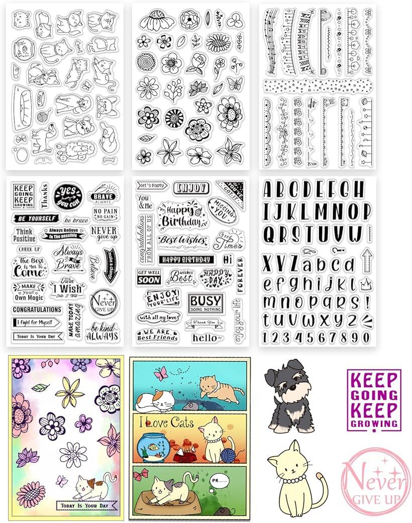 6枚セット クリアスタンプ 植物 犬 猫 花 誕生日 透明スタンプ 透明印鑑 アルバム 手帳用 スクラップブ..