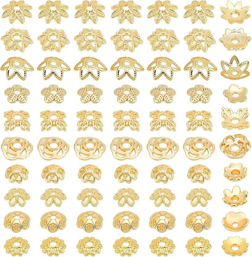 ビーズ 座金 花座 ビーズキャップ 14Kゴールドメッキ 約100個 花型 10種 透かしキャップ スペーサービーズ ジュエリー メタルパーツ アクセサリー 手芸 クラフト ハンドメイド 手作り素材 材料 (ゴールド)