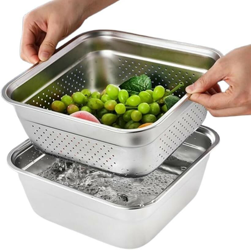 ざるボウルセット 四角 保存容器 角バット 食洗機対応 下ごしらえ 角型デザイン 省スペース ステンレス製 ボウル+ザル (画像参照, 28cm)