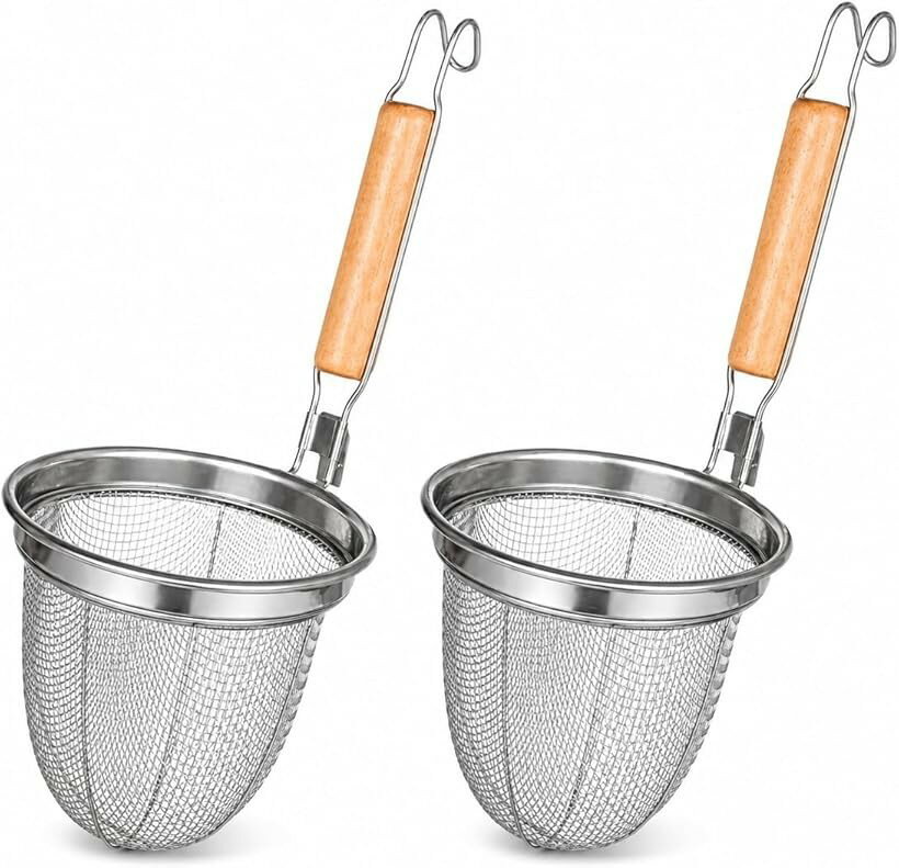 Drainers - 湯切り みそこし器 てぼ ラーメン鍋 麺 ザル ざるラーメン 3枚 キッチン用品 うどんてぼ 木柄 (シルバー, 2個セット)