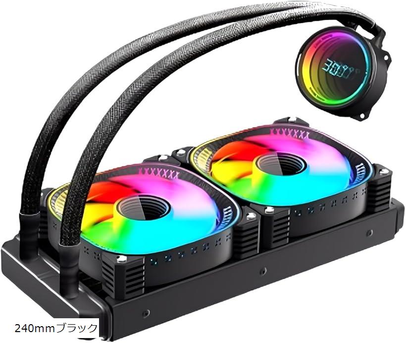 互換品COOLMOON 簡易水冷クーラー 温度表示機能付き インフィニティ―ミラー CPUクーラー LED ARGB 5v 3pin LGA1700/1200/115X AMD:AM5/AM4ソケットに対応 4pin PWM 240mmブラック