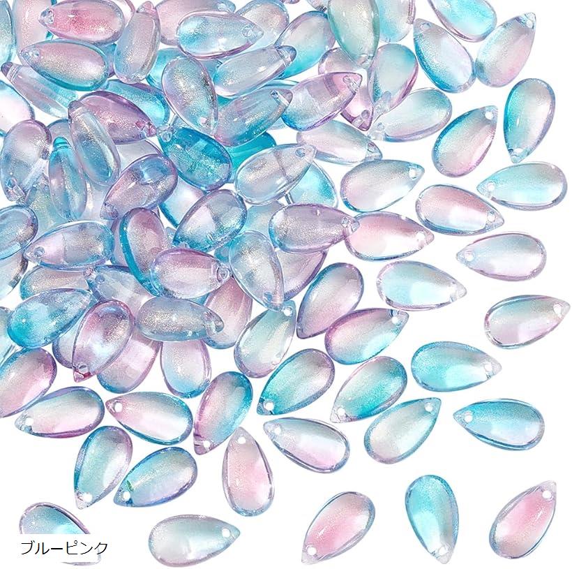100個 ティアドロップガラスビーズ しずくガラスビーズ グリッター付き 釉薬フラワービーズ しずくビーズ スペーサービーズ ジュエリー作り ブレスレット ネックレス ブルーピンク