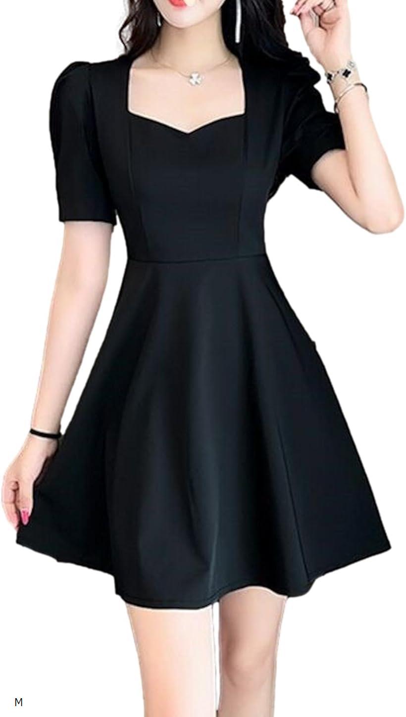 ワンピース レディース 黒 半袖 フリル Aライン ミニ 無地 ハイ ウエスト パフ スリーブ 人気 かわいい お洒落 きれい 丈 トレンド 着やせ Vネック 細身 胸元 美 シルエット ボディコン セクシー デート M