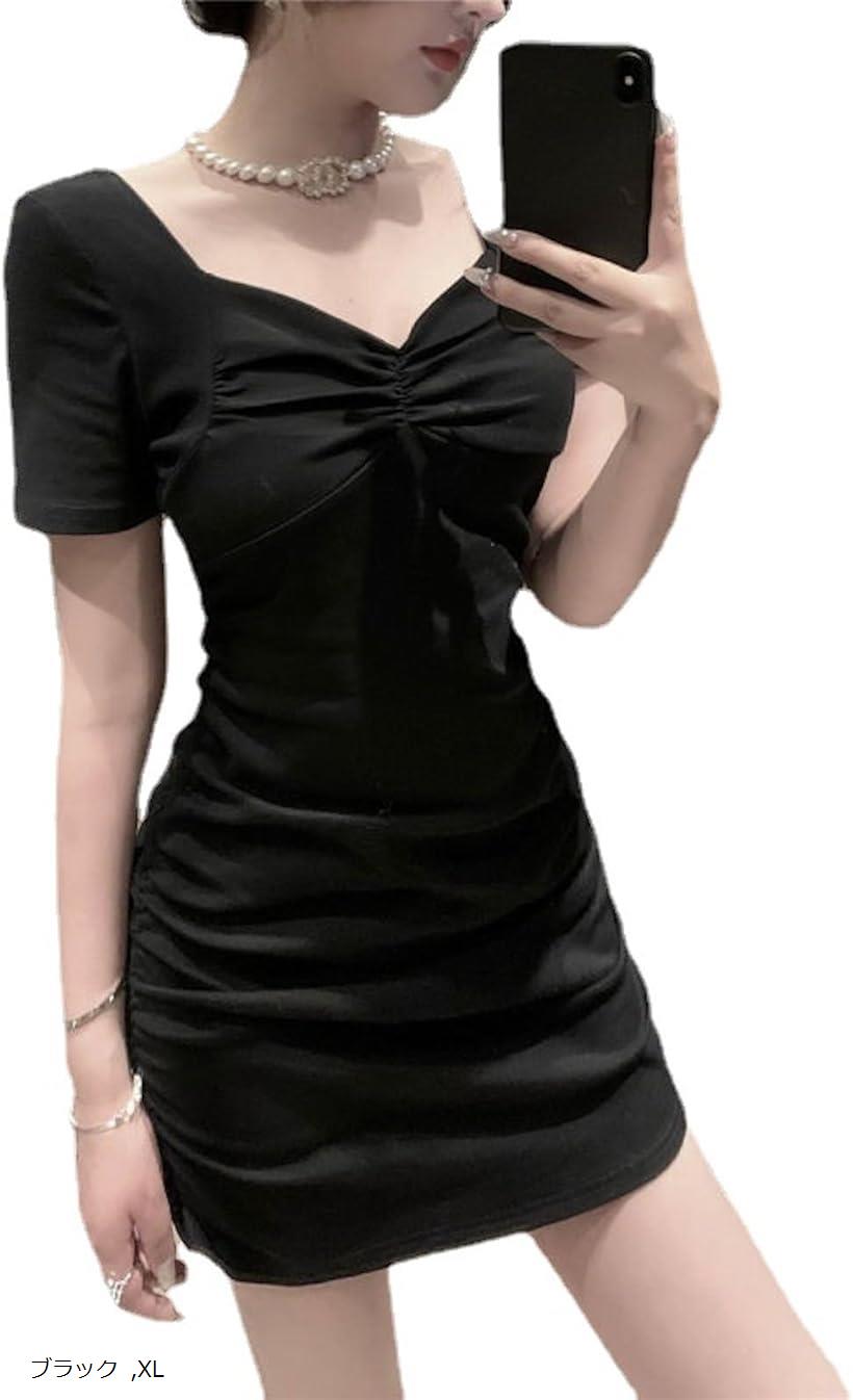 ワンピース ミニ バスト ボディー ライン タイト デコルテ 半袖 ボディコン かわいい お洒落 きれい 無地 ミニ丈 サーモンピンク L M レッド ブラック XL
