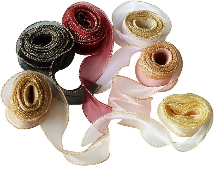 オーガンジーリボン 6巻入 透け感 無地 ウェーブ ラッピング ヘアアクセ 飾り 装飾 結婚式 衣装