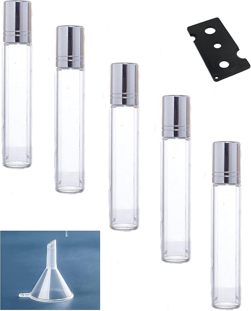 ロールオンボトル 艶消しガラス アロマ瓶 銀色蓋 小分け 容器 漏斗 オープナー 付き 10ml 20個 セット