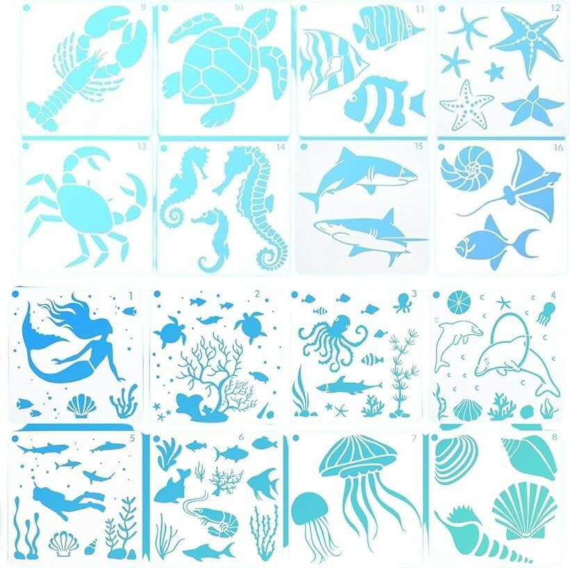 Rakuten - 描画テンプレート ステンシルプレートアクリル絵画 塗り絵 DIY用 模様 図案 海モチーフ 魚 マリン 16枚セット (クリア)