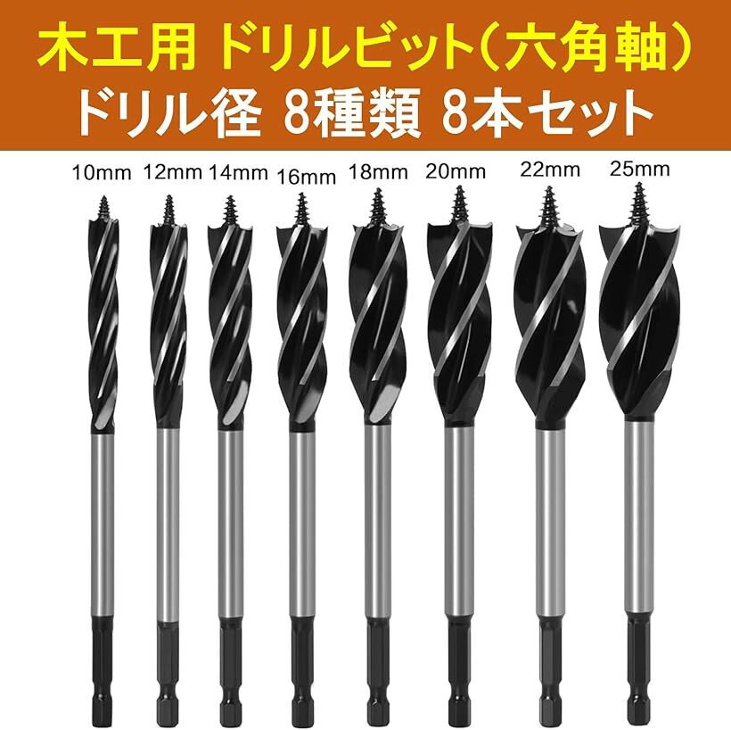 【楽天ランキング1位入賞】ドリルビット セット 六角軸ドリル 木工用ドリル DIY工具 穴あけ ドリル径8種類8本セット