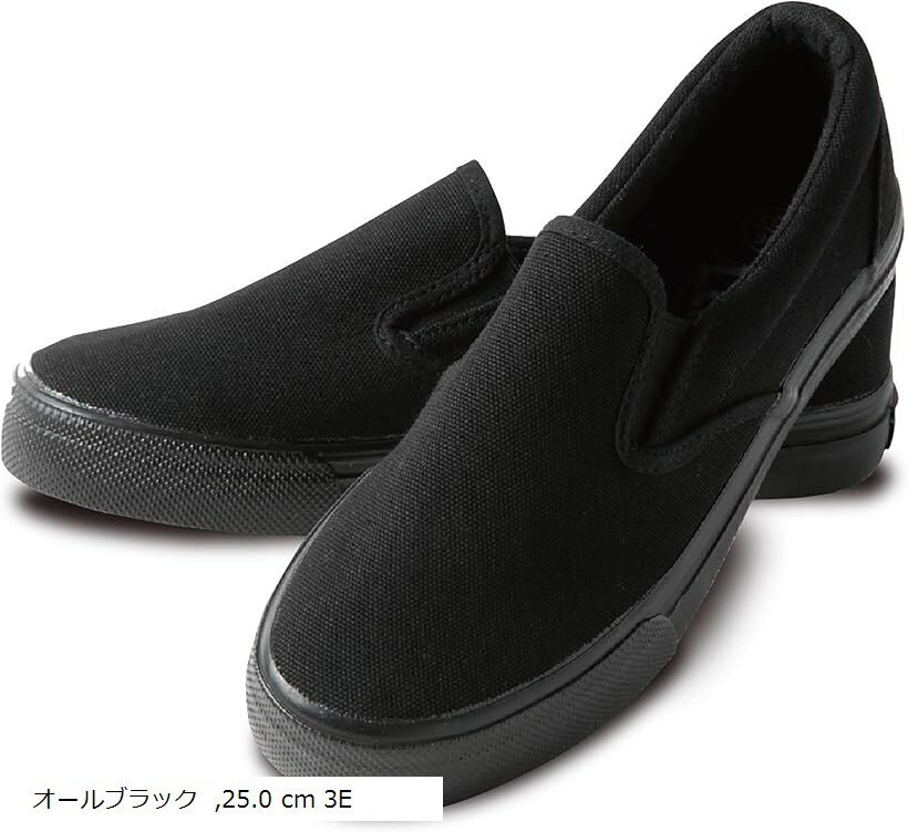 メンズ レディース スリッポン デッキシューズ 無地 黒 白 ライン キャンバス カジュアル スニーカー 男女 25.0 27.0 cm 3E 24.5 2E オールブラック 25.0 cm 3E