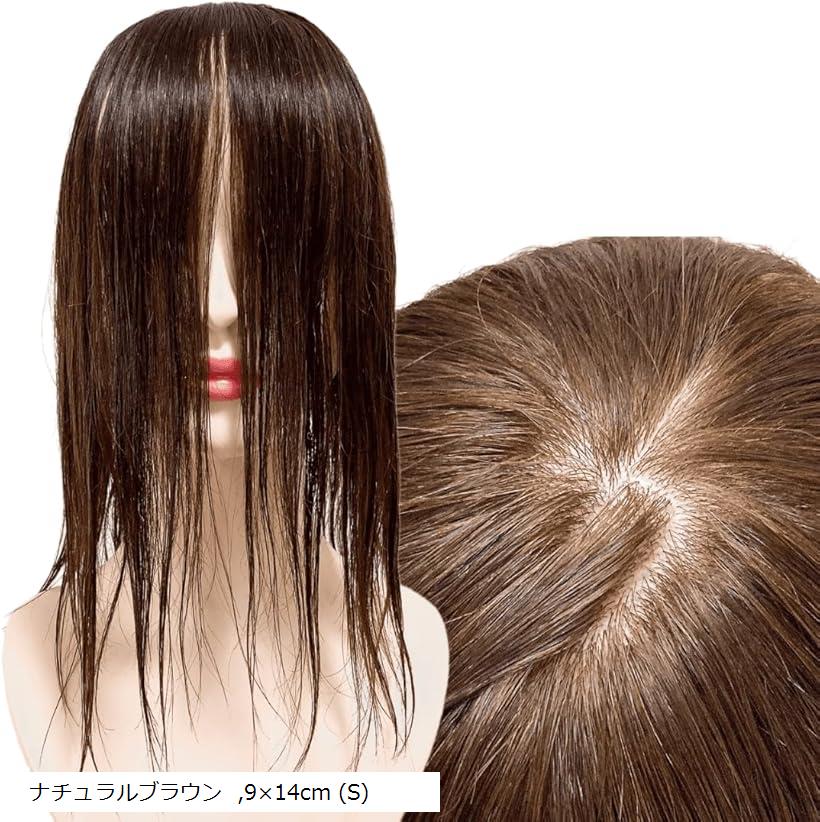 部分ウィッグ 前髪未カット センター分け 真ん中分け ヘアピース かつら 女性 レディース 人毛100% ストレート 分け目 シルク セミロング S M ナチュラルブラウン 9x14cm (S)
