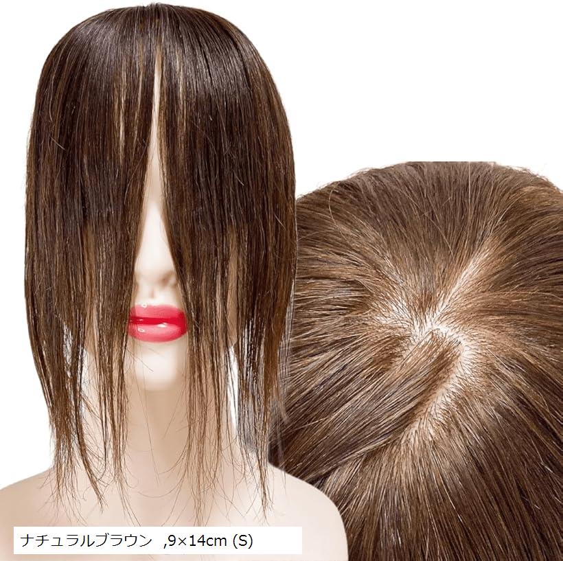 部分ウィッグ 前髪未カット センター分け 真ん中分け ヘアピース かつら 女性 レディース 人毛100% ストレート 分け目 シルク セミロング S M ナチュラルブラウン 9x14cm (S)