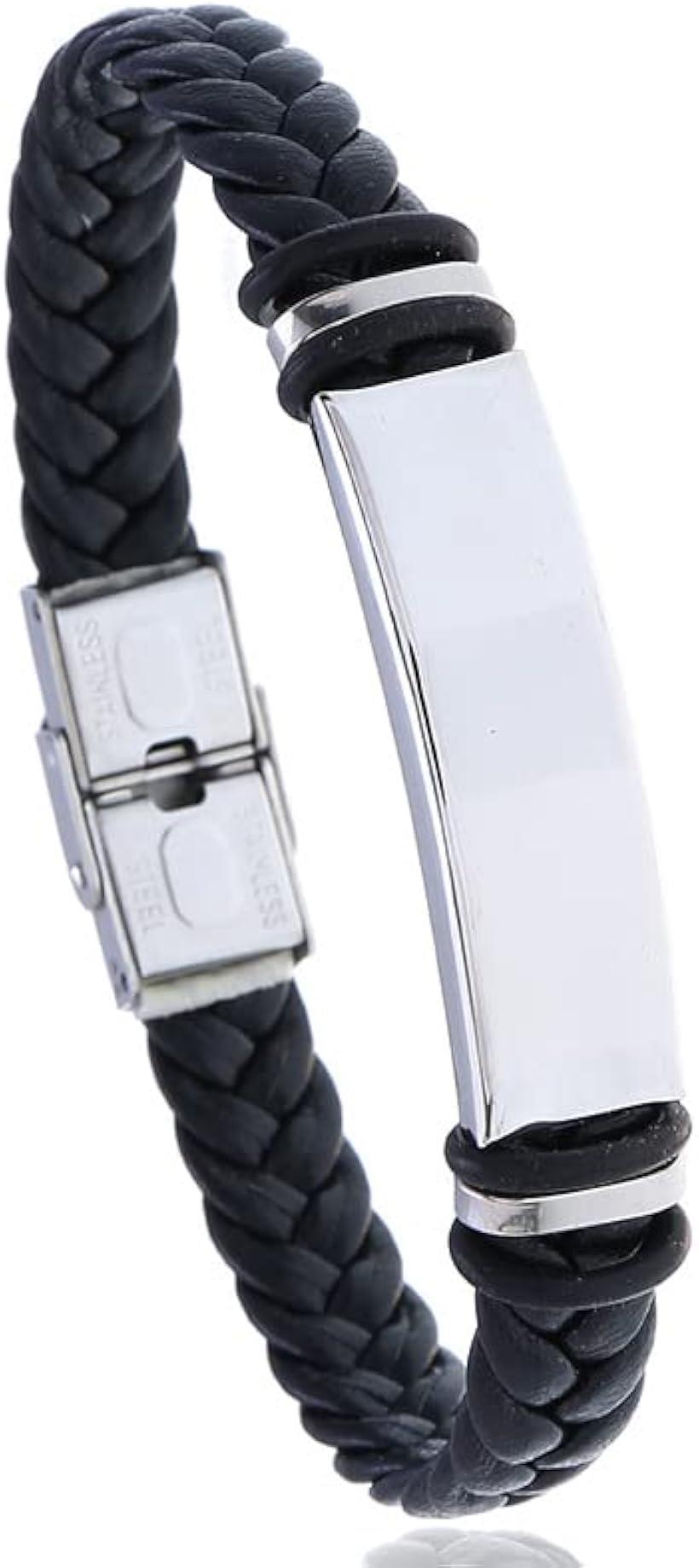 メンズ ブレスレット シンプル フェイク レザー プレート ブラック 編み目ブレス ロープ ミサンガ 腕輪 かっこいい お洒落 黒